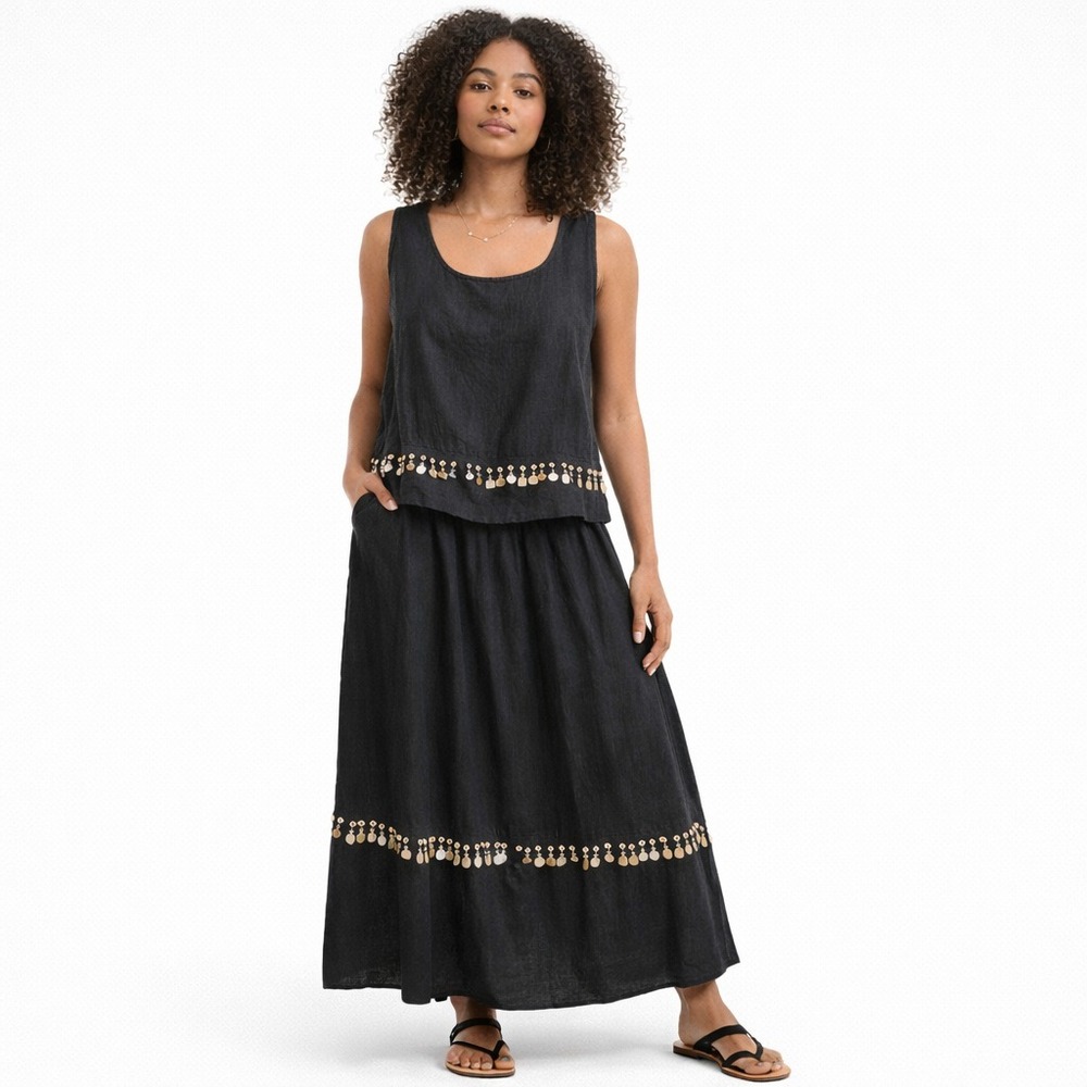 Hot Cotton Marc Ware Linen 2 Piece Set Tank  Top Maxi Skirt M Village Boho Black